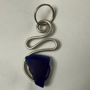 Handmade Silver Wire Keychain with Deep Blue Sea Glass Accent